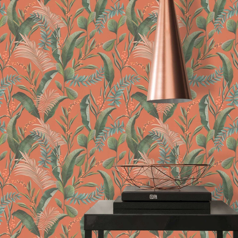 patroonbehang met bladeren en grassen oranje groen - jungle vliesbehang 