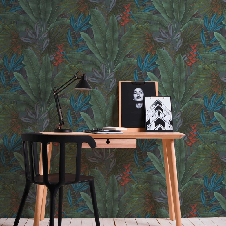 Papier peint botanique dans les tons de vert avec des plantes - papier peint intissé 