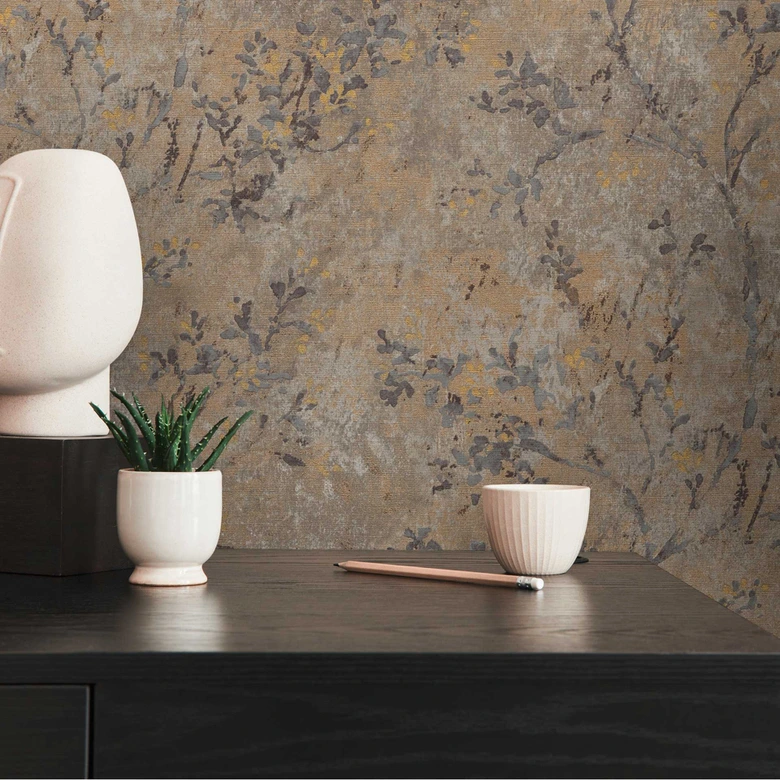 Papier peint botanique gris jaune - papier peint intissé à motifs floraux - papier peint à motifs floraux 