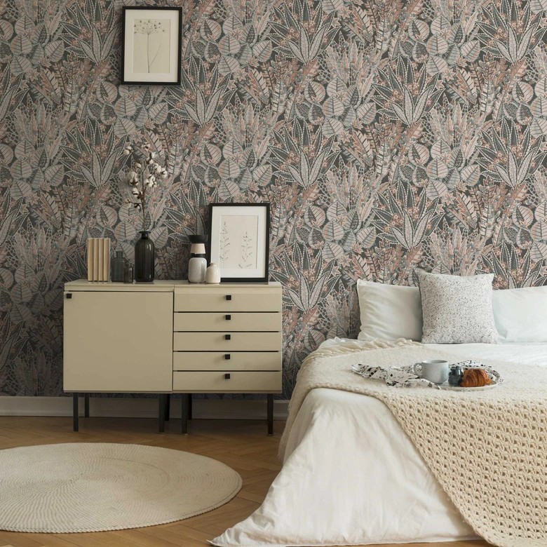 Designer vliesbehang met botanische print in grijstinten - elegant wandontwerp 