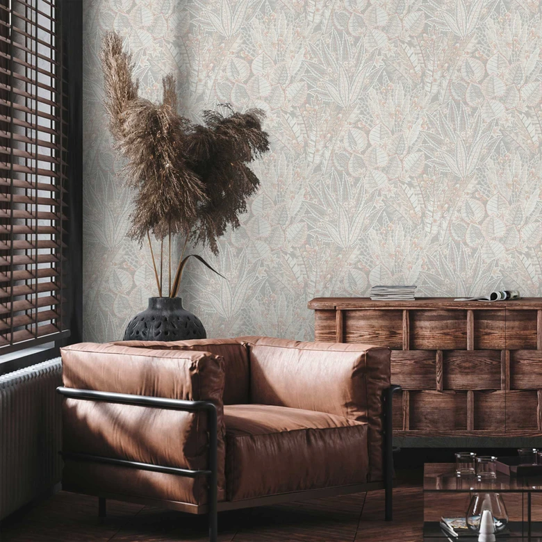 Naturinspirierte Vliestapete in Erdtönen - Botanisches Muster in Creme Beige Grau 