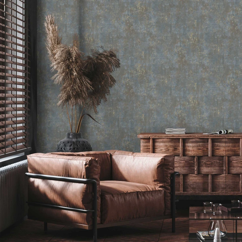 Luxueus vliesbehang met bladgoudeffect op een blauwe achtergrond - elegant wandontwerp 