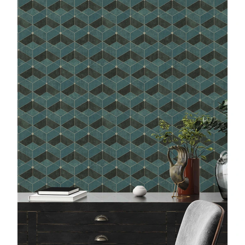 Livingwalls 3D Tapete Titanium 3 Vliestapete geometrisch grün, gold, schwarz 