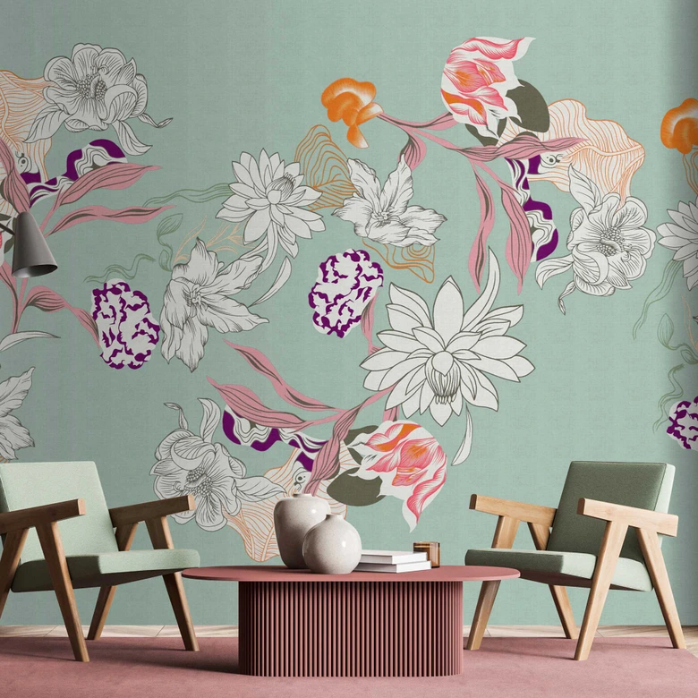 Fototapete floral auf Mintgrün - Elegante Vliestapete mit Blumenmuster 