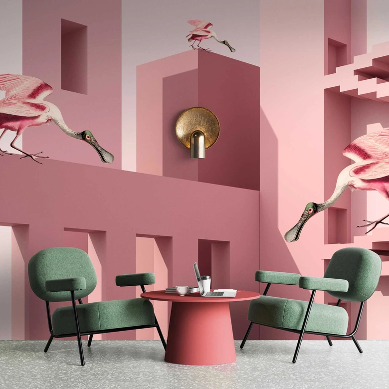 Fototapete Surrealistische Vögel in Rosétönen - Vliestapete mit Architekturelementen 