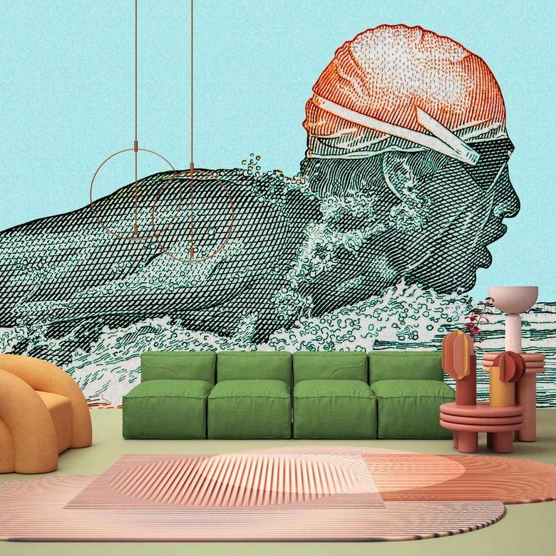 Fototapete Schwimmerin Retro - Grafische Vliestapete im Stil der 20er Jahre 