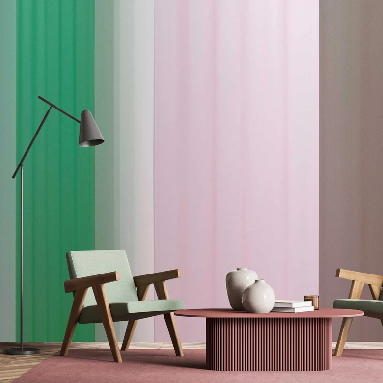 Papel pintado a rayas en colores pastel fotomural verde, rosa, topo - Papel pintado no tejido 