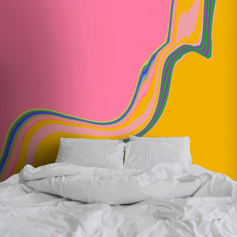 Pop-Art-Fototapete mit geschwungenen Linien auf Pink und Gelb - Vliestapete 