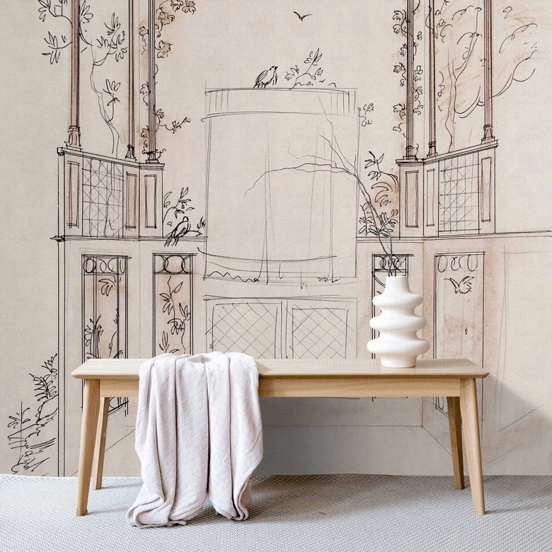 Geschetst architectuurbehang met tuinmotief - kunstzinnig vliesbehang 