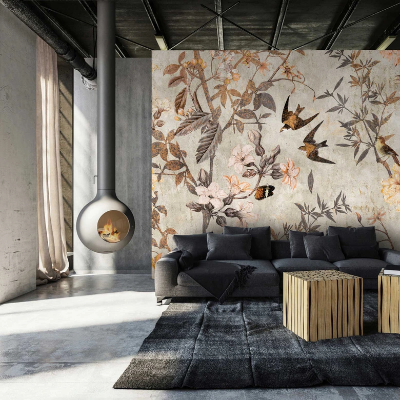 Botanisch fotobehang met vogels - Antiek vliesbehang design 