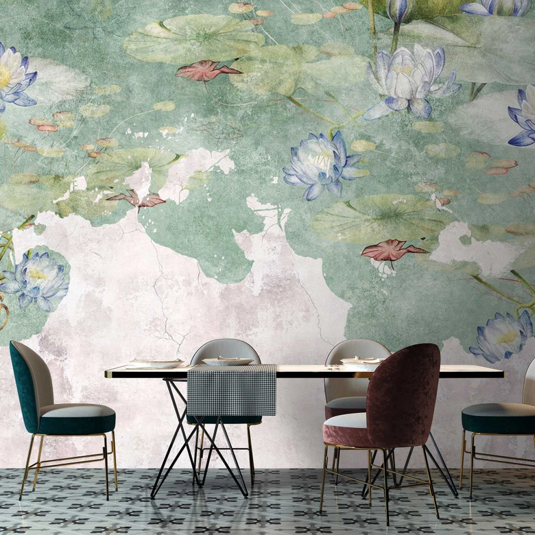 Näckros akvarell tapet i blått och grönt - Fototapet i non-woven med vattenflora 