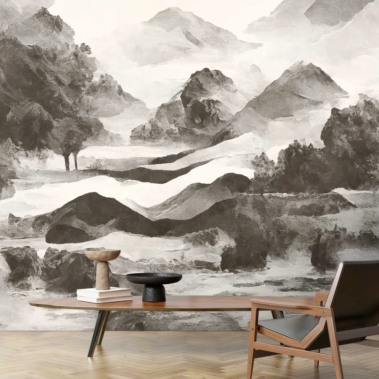 Monochrome Berglandschaft Tapete - Kunstvolle Aquarell Optik 