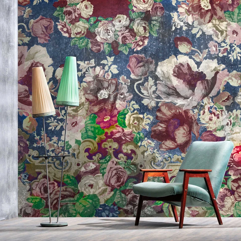 barok bloemen behang in koningsblauw - weelderig aquarel patroon 