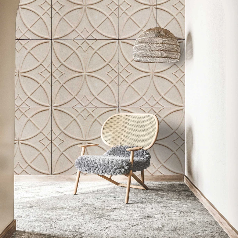 Tapet med geometrisk mønster - reliefdesign i cremehvid 