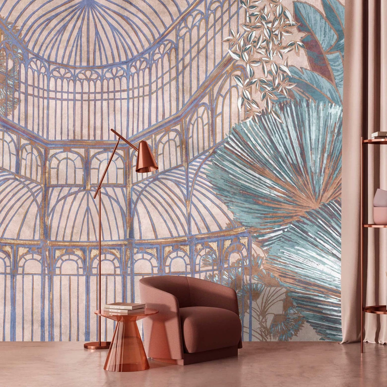 Fototapete Kupferfarbene Gewächshaus - Botanisches Palmenmuster 