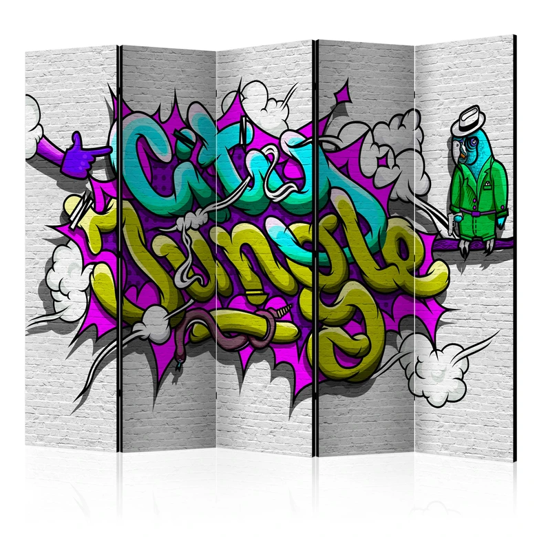 Paravent, Raumteiler freistehend, Trennwand - Graffiti - Großstadtdschungel , 5-teilig - 225x172 cm 