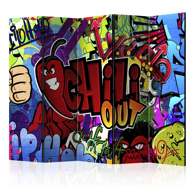 Paravent, Raumteiler freistehend, Trennwand - Graffiti - Chili aus, 5-teilig - 225x172 cm 
