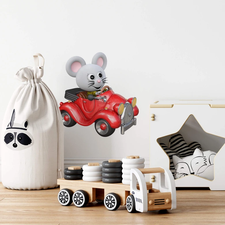 Wallsticker - Agullo - Mus i rød bil 