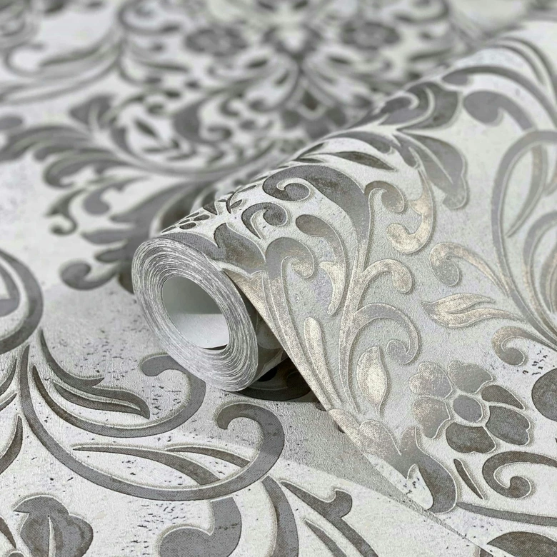 Vliestapete mit ornamentalem Damask-Motiv Grau Ornamental  