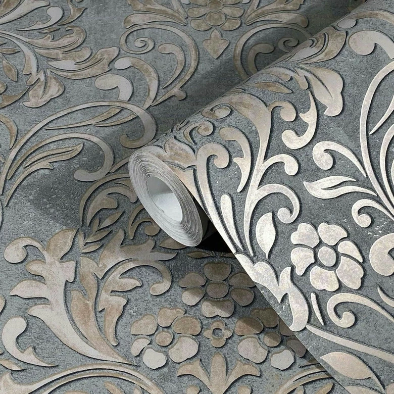 Vliestapete mit ornamentalem Damask-Motiv Grau Ornamental  