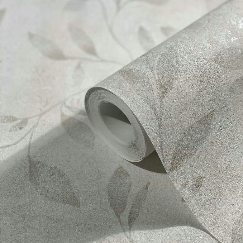 Vliestapete mit Blattmotiv und Metallic Effekt Weiß Floral  