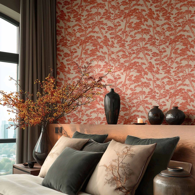 Non-woven wallpaper Lin Zen Branches beige red metallic asian - orange trees forest wallpaper branches 