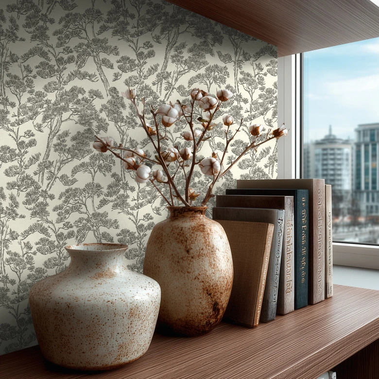 Vliestapete Lin Zen Branches weiß schwarz grau asiatisch - Bäume Waldtapete Äste Wohnzimmer 