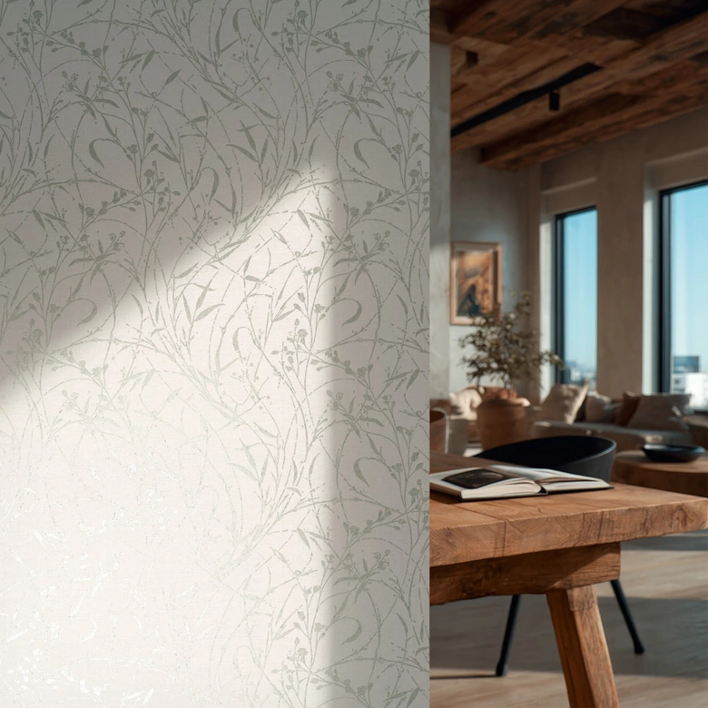 Icke-vävd tapet Fee Wild Free gräddgrön grå metallic - gräs vildblommor vardagsrum hall kök 