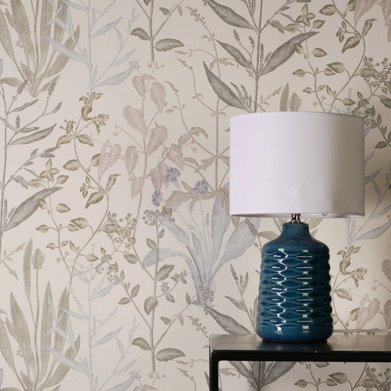 Vliestapete Elodie Maison Botanique creme grün blau - grau Blätter Gräser Kräuter Wohnzimmer 