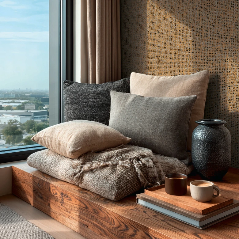 Vliesbehang Jan Studio Sense & Surface weave oranje grijs - Stud!o weave rotan zwart 