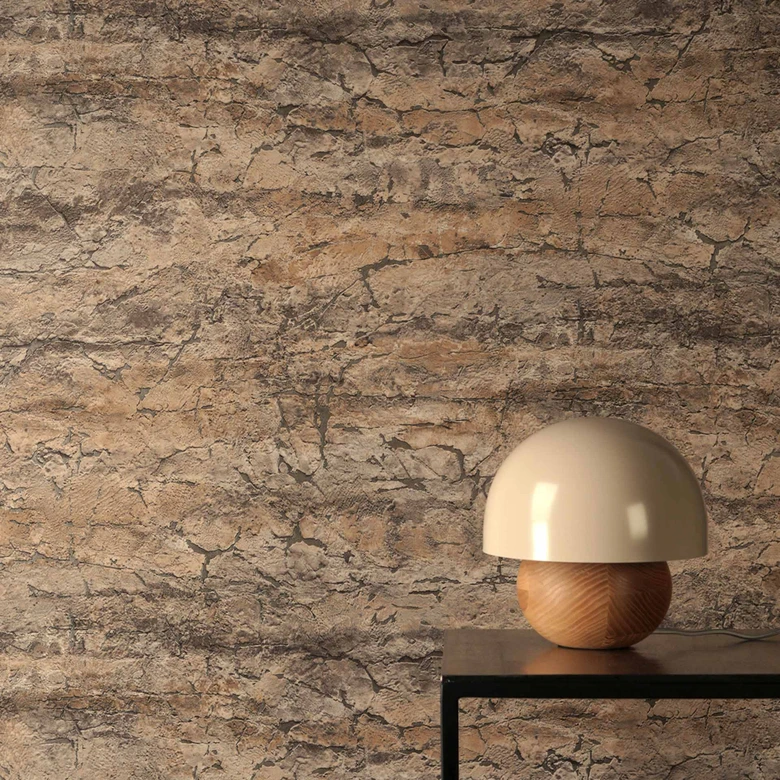 Papel pintado no tejido Tamika Raw Heritage efecto piedra beige marrón gris - aspecto de albañilería casa de campo metálica 