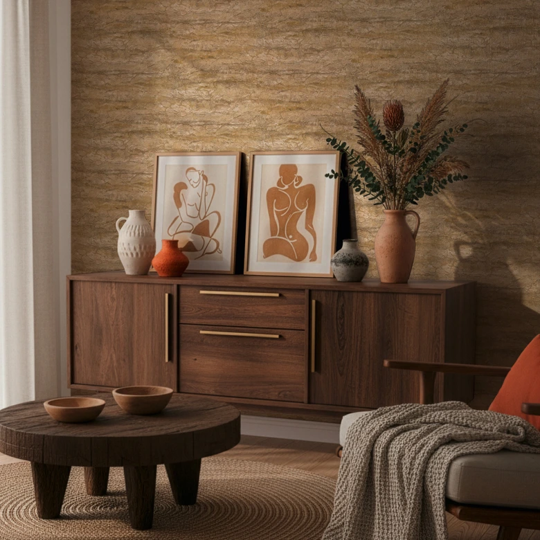 Vliestapete Tamika Raw Heritage Steinoptik Braun Beige - Maueroptik Putzoptik gelb metallic 