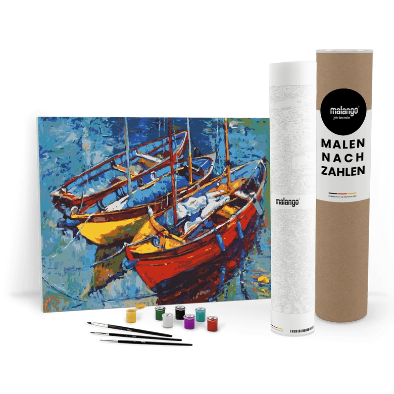 Malen nach Zahlen Leinwandbild - Segelboote im farbenfrohen Hafen  