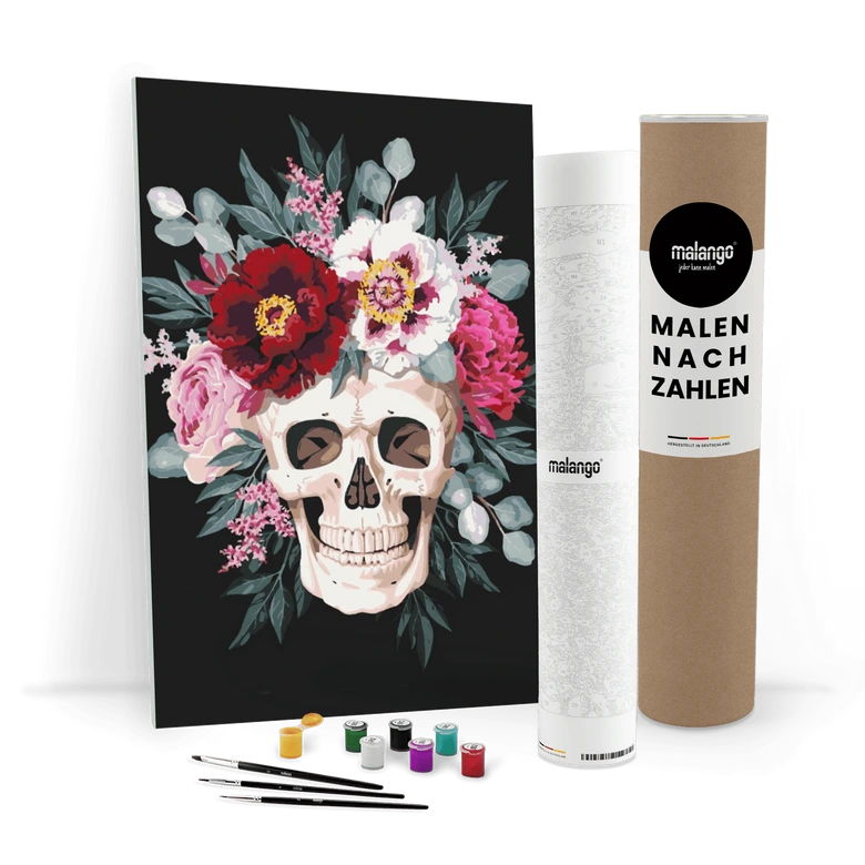 Malen nach Zahlen Leinwandbild - Schädel Blumen  