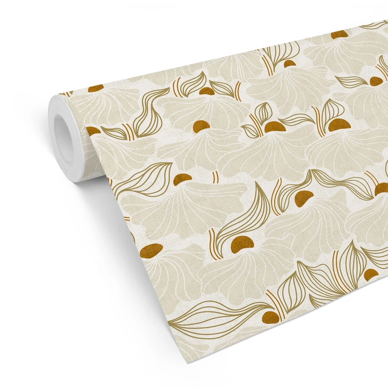 Mustertapete Minimalistische Blüten in Creme und Gold | Florale Vliestapete - Annick 