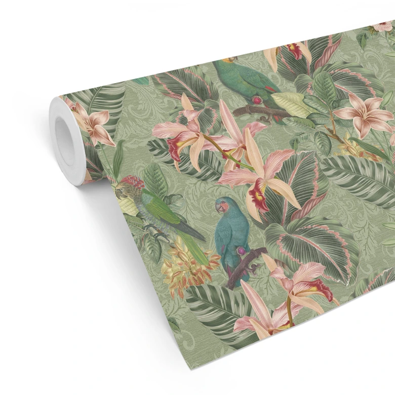 Patterned Wallpaper Jungle with Parrots Green - Bloomery Decor 