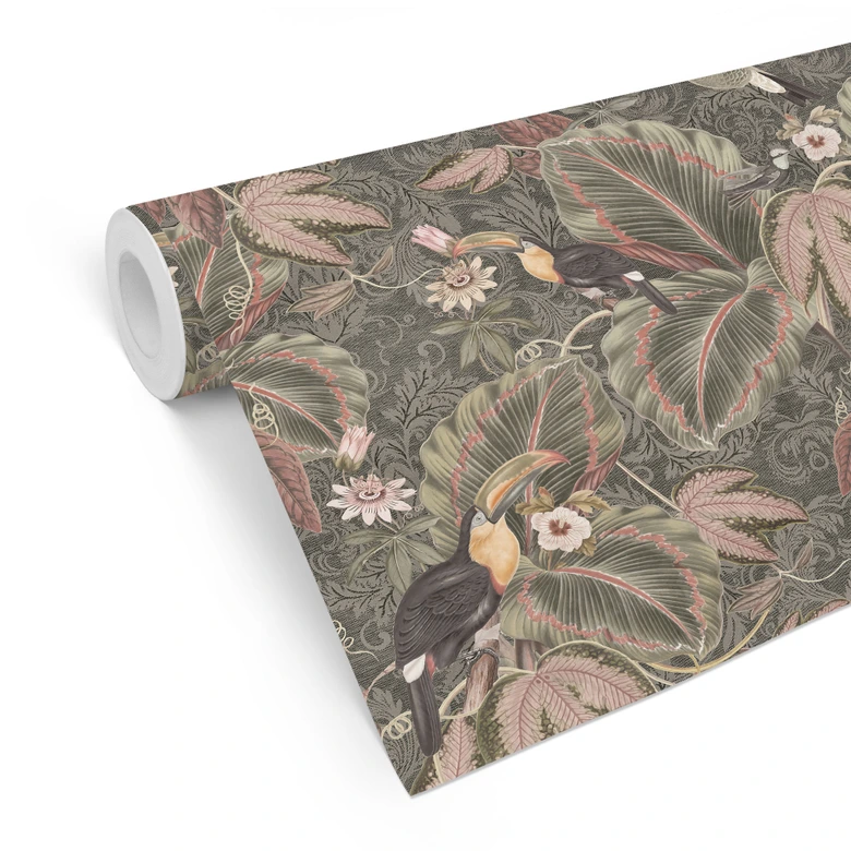Tapet med mønster i junglen, tukan i tropisk skov - Bloomery Decor 