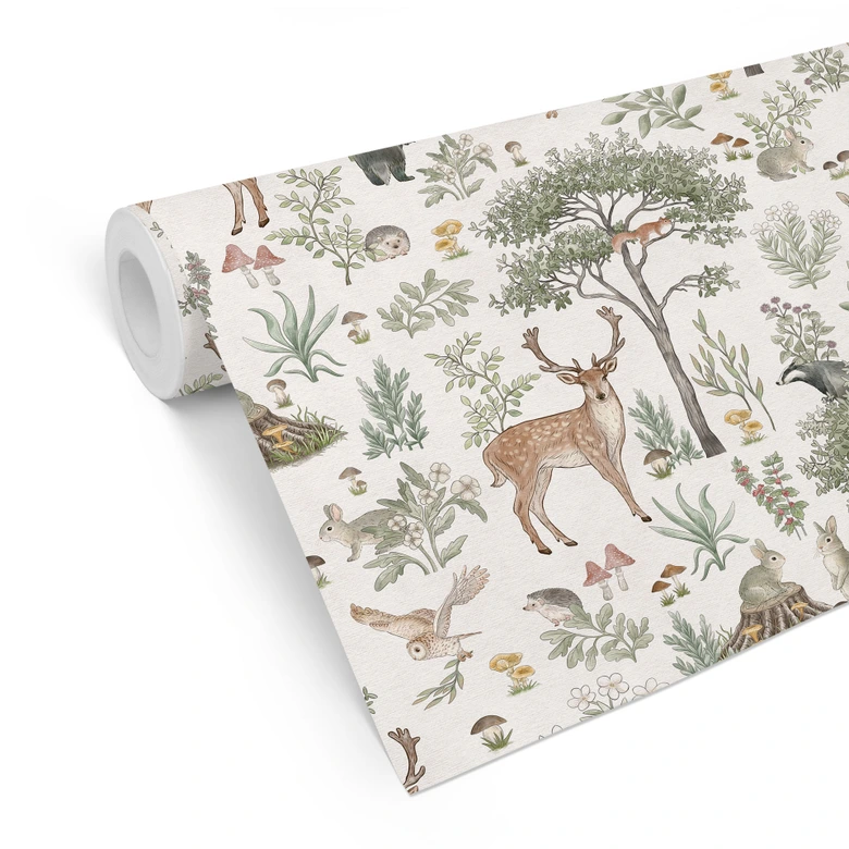 Mustertapete Bezaubernder Wald mit Tieren - Vintage creme - Kikki Belle 