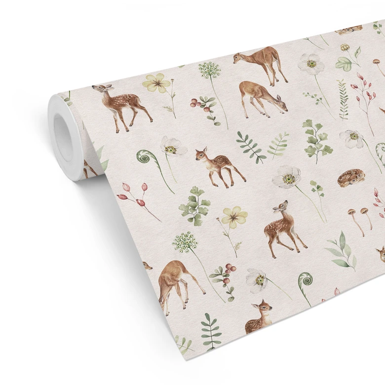 Mustertapete Kleine Rehe zwischen Blumen - Kikki Belle 