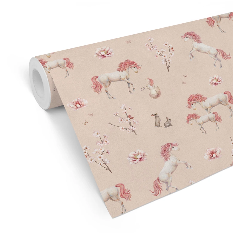Mustertapete Verzauberte Einhörner mit Kirschblüten - Kikki Belle 