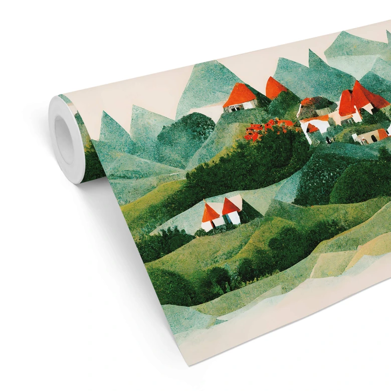 Papier peint à motifs Treechild - Petit village au milieu de collines verdoyantes 