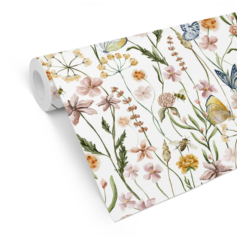 Patterned Wallpaper Spring meadow with butterflies - UN Designs 