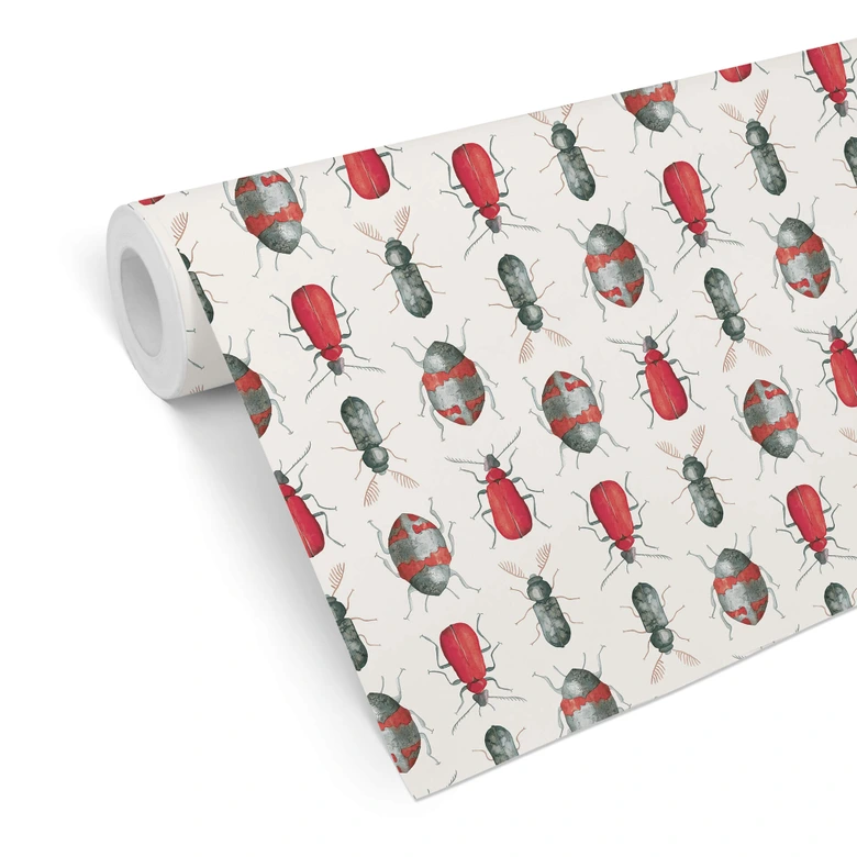 Mustertapete - Bunte Käfer - rot 