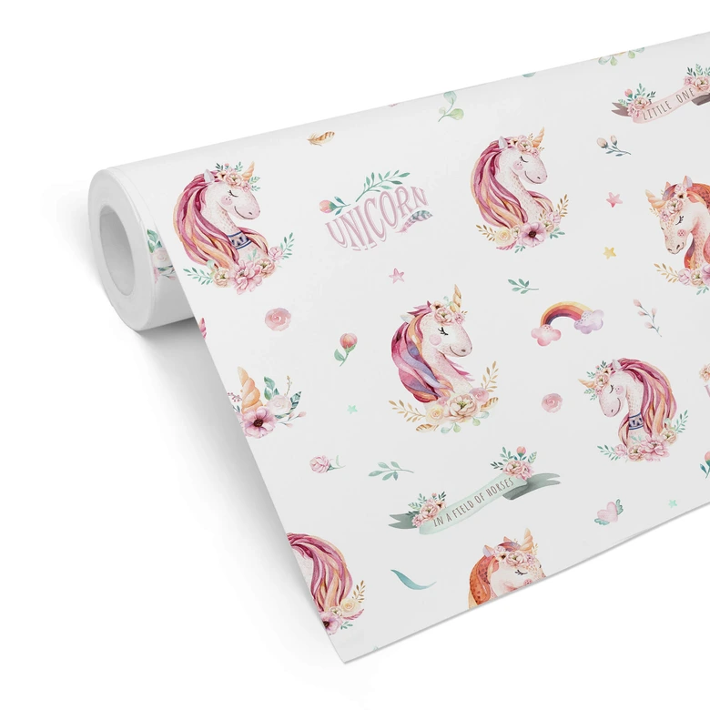 Mustertapete Kvilis - Einhorn - Banner und Blumen 