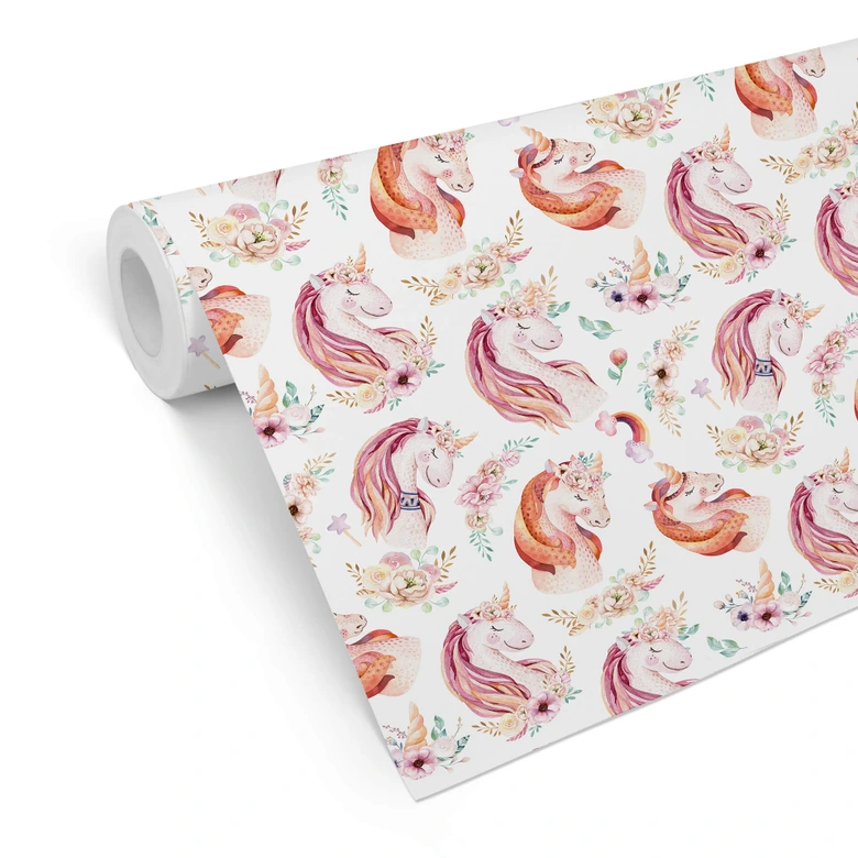 Papier peint à motifs Kvilis - Licorne - Couronne de fleurs 