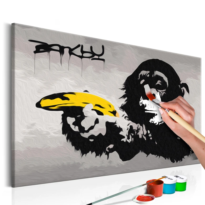 Canvas schilderij - Aap met banaan (Banksy) - 50x40 cm - met spieraam - opgespannen 