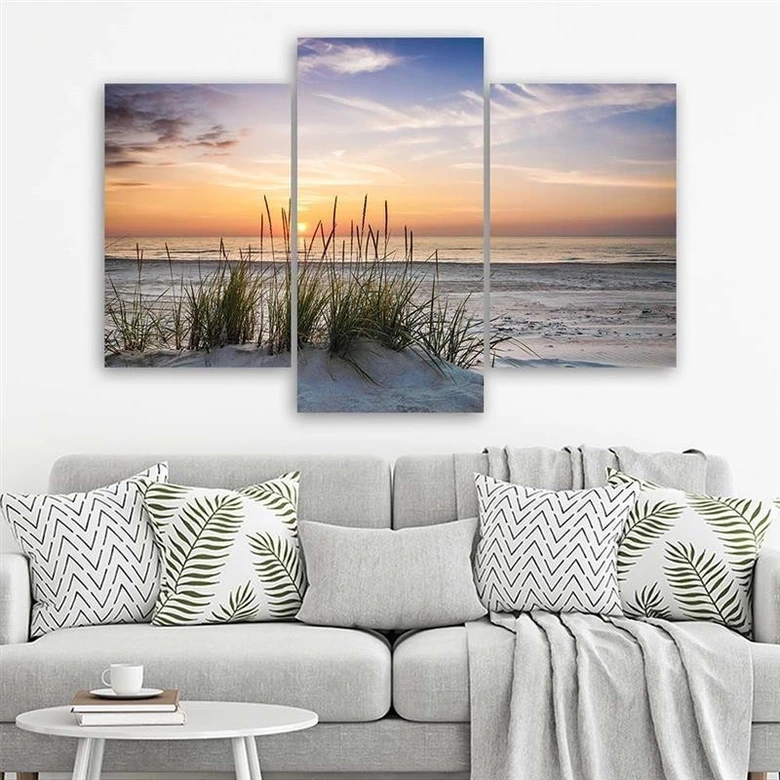 Leinwandbild 3-teilig, Strand Meer Gras Sonnenuntergang 