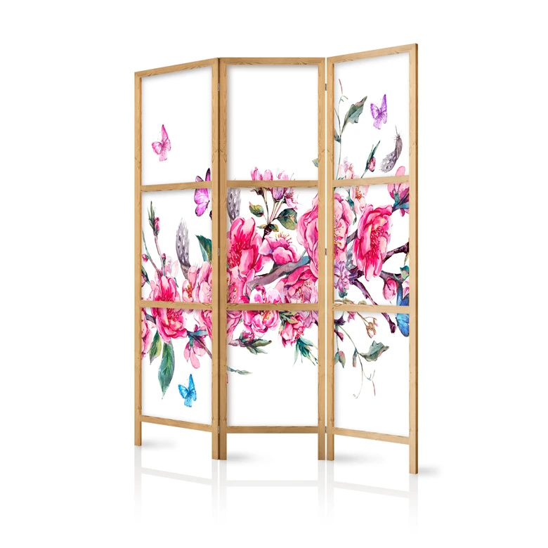 Japanischer Paravent, Raumteiler freistehend, Trennwand - Japanischer Stil: Blumen und Schmetterlinge 