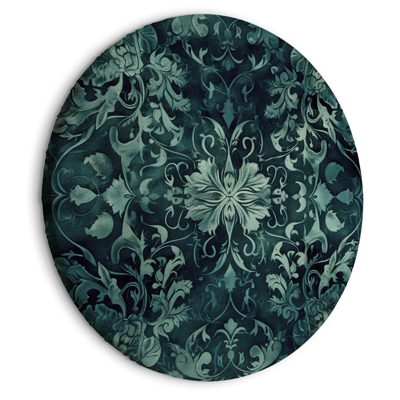 Rundes Leinwandbild Orientteppich Muster: Smaragdfarbene Ornamente und verwaschene Muster 