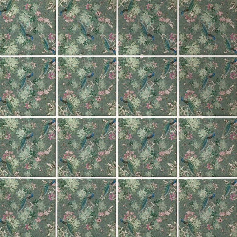 Azulejos Adhesivos Pavo real en jardín tropical sobre mosaico - Bloomery Decor - Lote de 12 